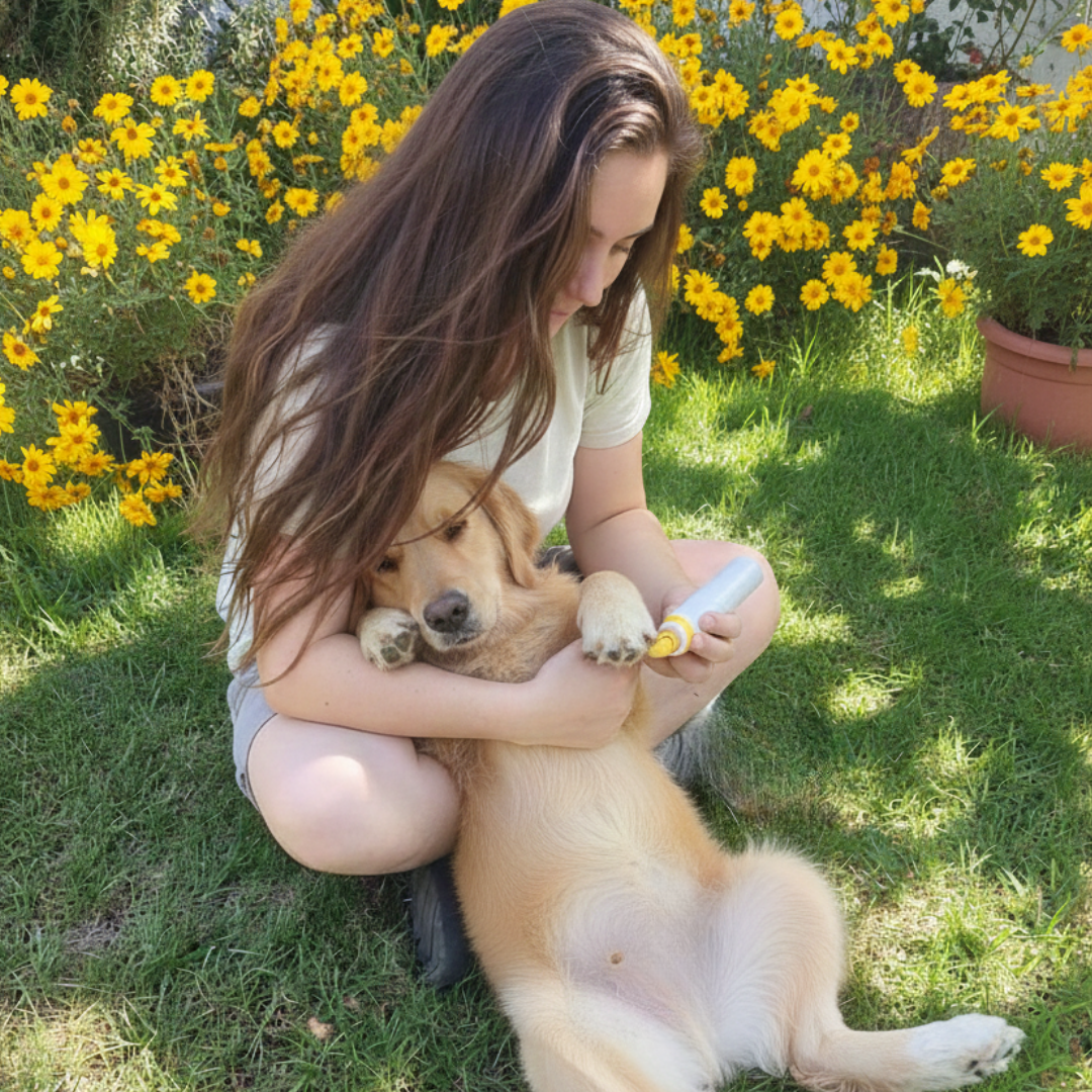Mujer limando las uñas de su perro en el jardín