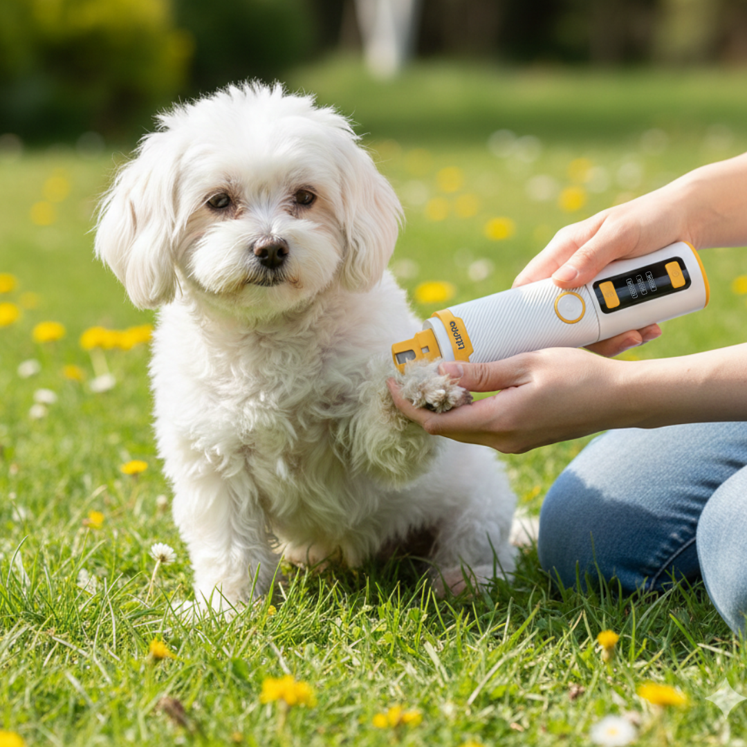 Perro blanco durante el limado de uñas en el jardín
